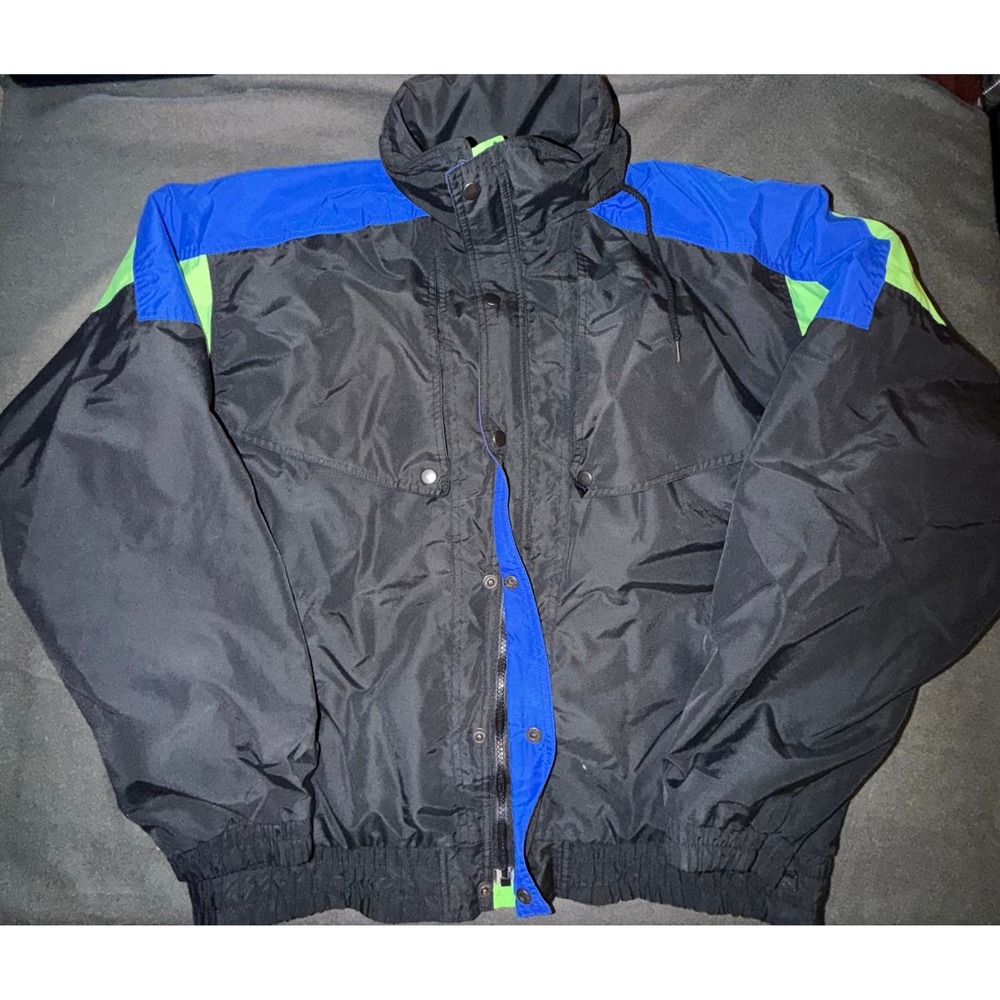 Vintage White Fir Mens Large Colorblock Windbreaker Jacket Neon Green Blue 90s